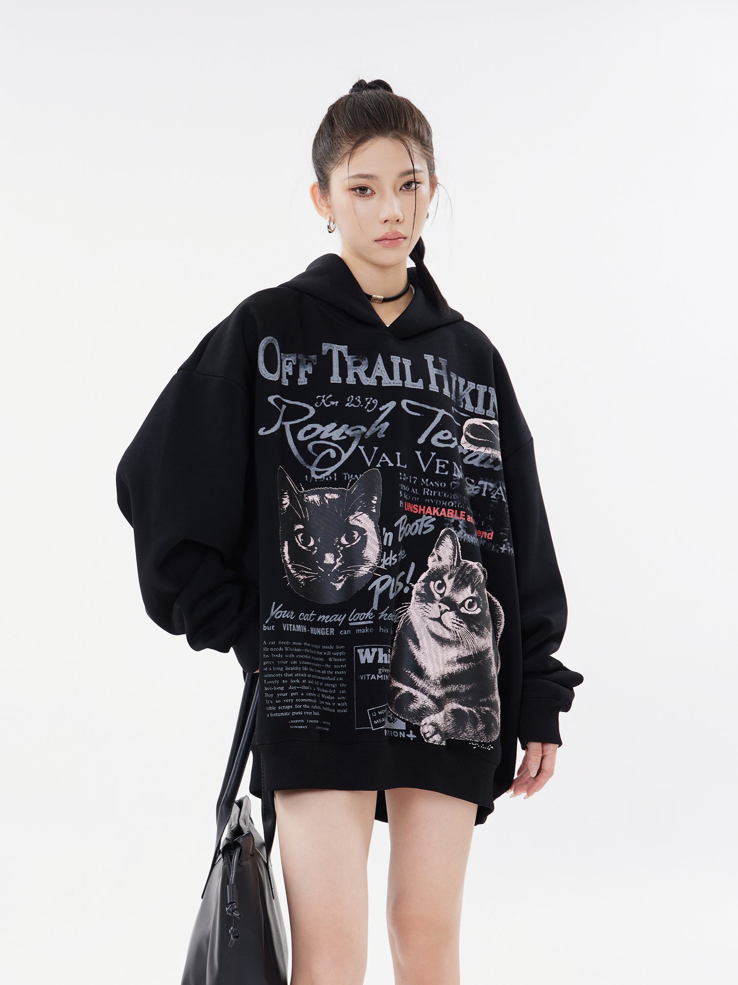 Off Trail Hiking Rough Terrain Dual Cat Newspaper Graphic Oversized Hoodie Streetwear Y2K Sweatshirt