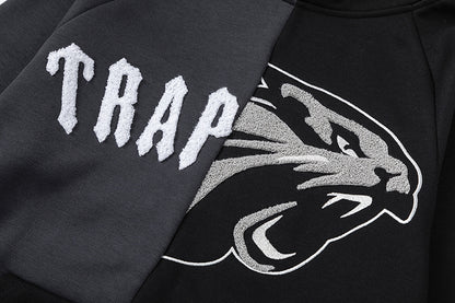 Black and Charcoal Panther Graphic Hoodie and Joggers Tracksuit Set, Drawstring Two Piece Streetwear Outfit