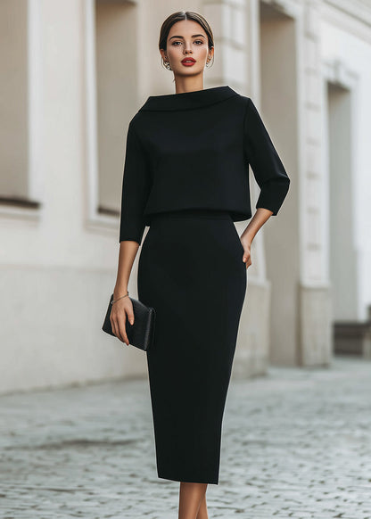 Ceylan Women’s Boat Neck Midi Skirt Set with Elegant 3/4 Sleeves