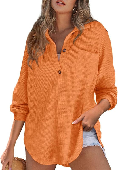 Women Waffle Knit Tops Henley Shirts Long Sleeve V Neck Solid Color Casual Tunic