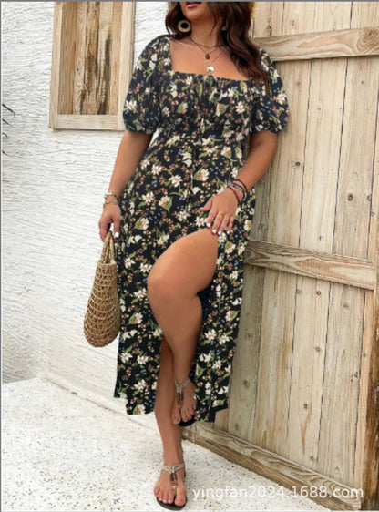 【Grande taille】 Robe fendue à imprimé floral, robe décontractée à manches bouffantes et nouée sur le devant, vêtements bohèmes pour femmes, vêtements de plage d'été, grande taille élégante, vêtements bohèmes pour femmes, vêtements pour femmes