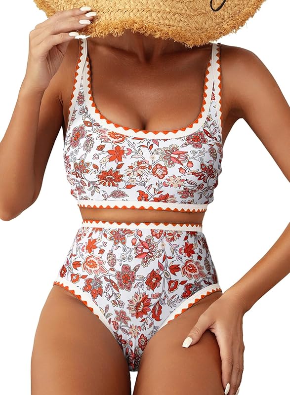 Women's Bikini Sets Floral Print Whip Stitch 2 Piece Swimsuits High Waisted Scoop Bathing Suits - Seldom Seen Styles