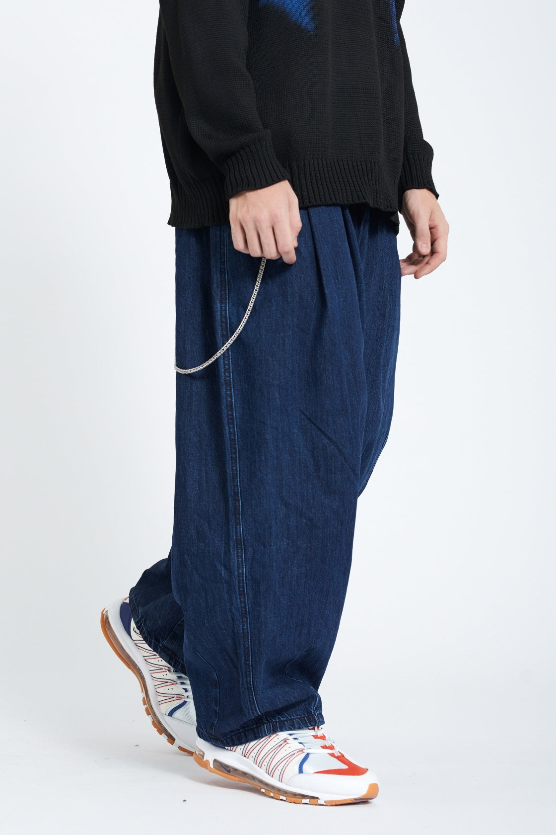 Pleated Wide Leg Denim Jogger Pants Elastic Waist Chain Detail Balloon Fit Streetwear Y2K Jeans