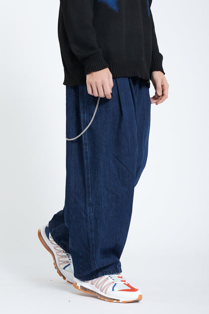 Pleated Wide Leg Denim Jogger Pants Elastic Waist Chain Detail Balloon Fit Streetwear Y2K Jeans