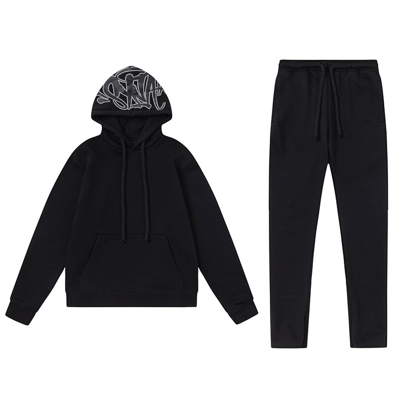 Black graphic hooded sweatshirt and joggers two-piece tracksuit set with outlined hood print - view 23