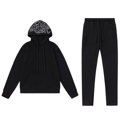 Black Graphic Hoodie and Joggers Tracksuit Set, Two Piece Streetwear Outfit