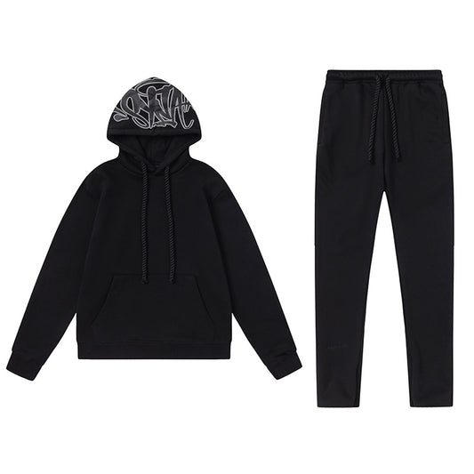 Black graphic hooded sweatshirt and joggers two-piece tracksuit set with outlined hood print - view 23