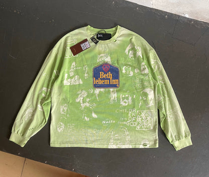 Paly Hollywood Bethlehem Inn Graffiti Long Sleeve Tee Washed Mint Green Vintage Distressed Streetwear | Mint Grunge