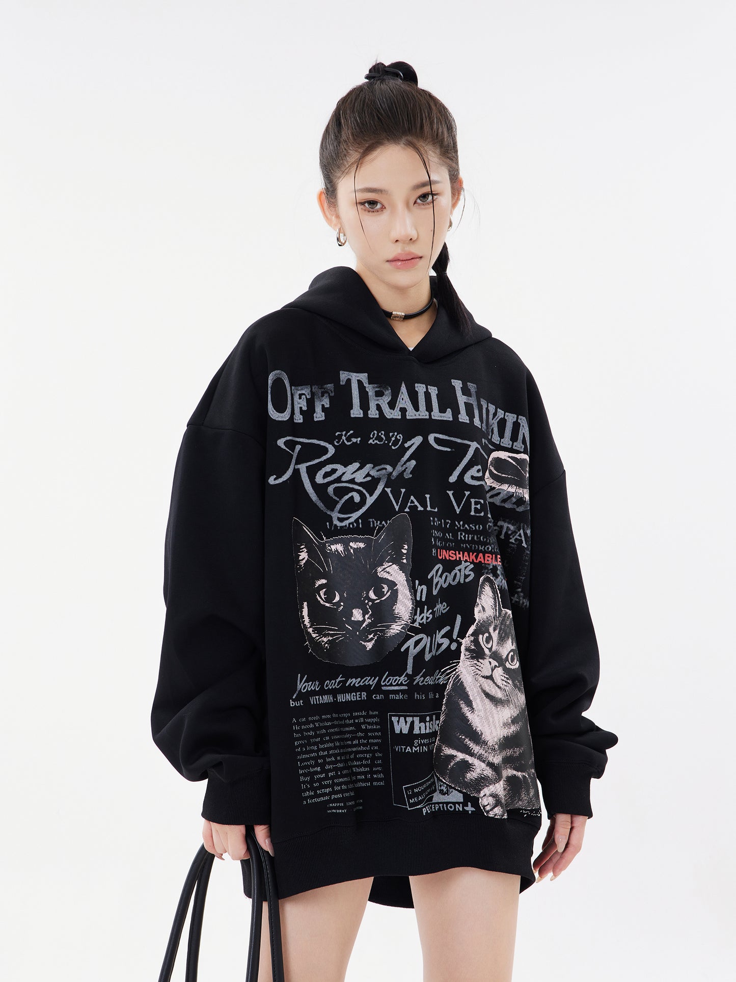 Off Trail Hiking Rough Terrain Dual Cat Newspaper Graphic Oversized Hoodie Streetwear Y2K Sweatshirt