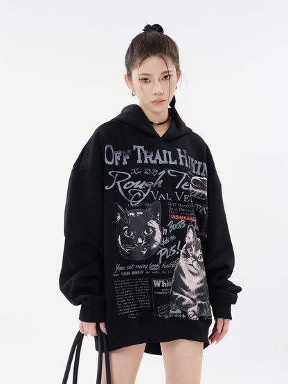 Off Trail Hiking Rough Terrain Dual Cat Newspaper Graphic Oversized Hoodie Streetwear Y2K Sweatshirt
