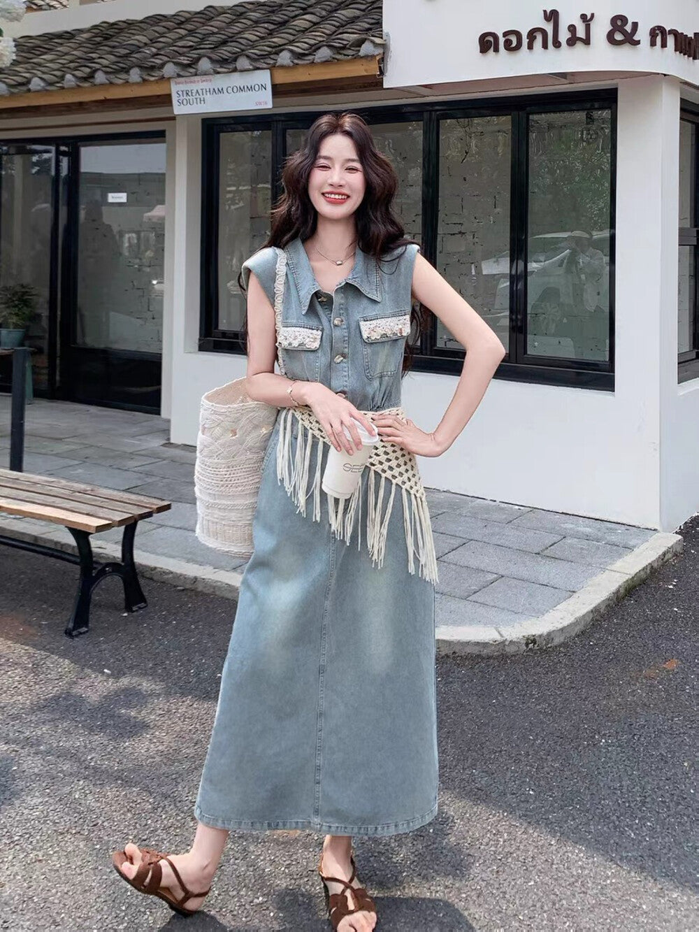 Women's Light Blue Washed Denim Sleeveless Lapel Collar Pearl Button Maxi Dress Lace Floral Chest Pockets Elastic Waist with Free Woven Tassel Waist Accessory S M L XL - Seldom Seen Styles