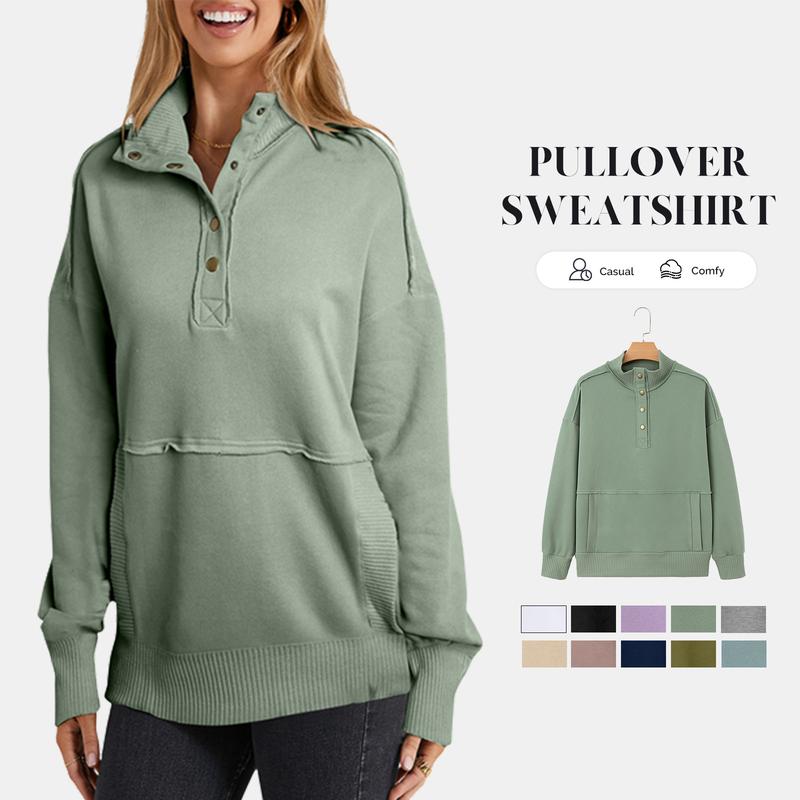 2025 Women's Fall Pullover Mockneck Button Down Ribbed Fit Lightweight Cozy Oversized Long Sleeve Sweatshirt Kangaroo Pocket for Everyday Wear - Seldom Seen Styles