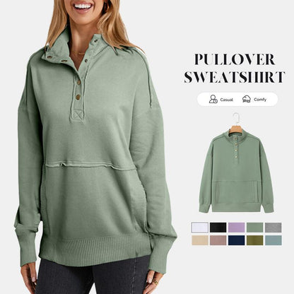 2025 Women's Fall Pullover Mockneck Button Down Ribbed Fit Lightweight Cozy Oversized Long Sleeve Sweatshirt Kangaroo Pocket for Everyday Wear