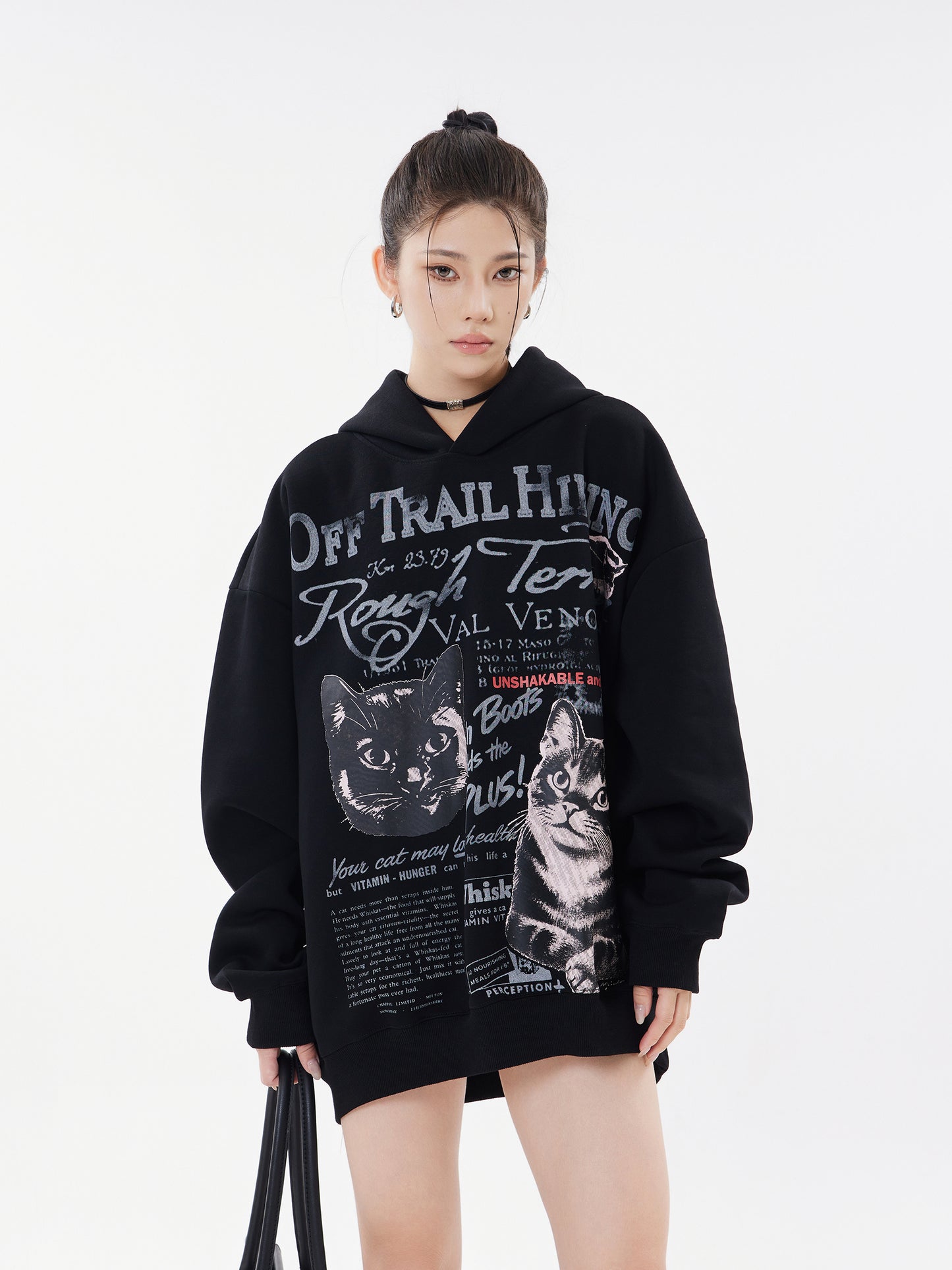 Off Trail Hiking Rough Terrain Dual Cat Newspaper Graphic Oversized Hoodie Streetwear Y2K Sweatshirt