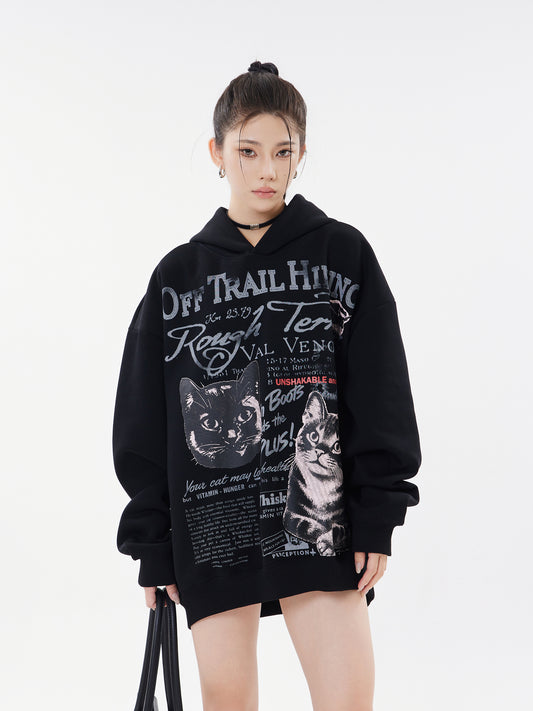 Off Trail Hiking Rough Terrain Dual Cat Newspaper Graphic Oversized Hoodie Streetwear Y2K Sweatshirt
