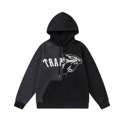 Black and Charcoal Panther Graphic Hoodie and Joggers Tracksuit Set, Drawstring Two Piece Streetwear Outfit