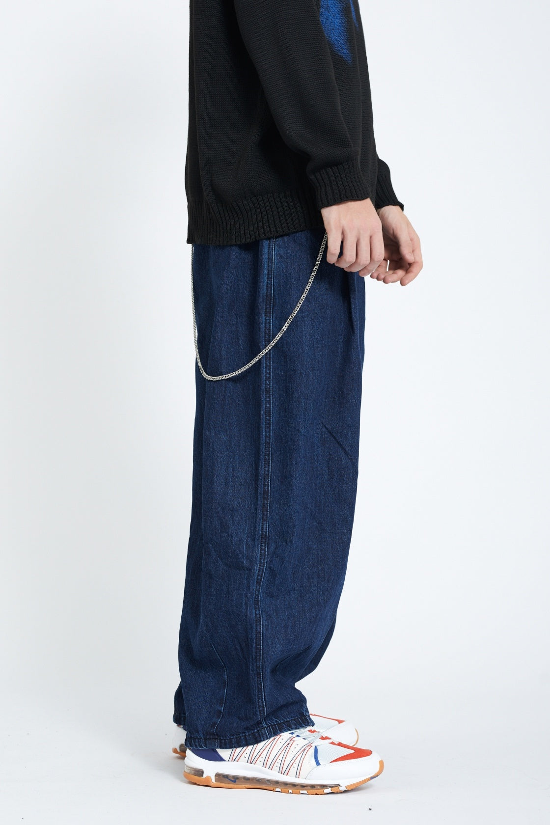 Pleated Wide Leg Denim Jogger Pants Elastic Waist Chain Detail Balloon Fit Streetwear Y2K Jeans
