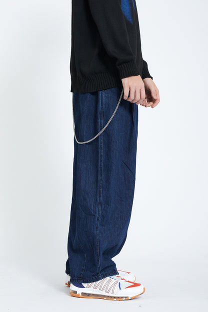 Pleated Wide Leg Denim Jogger Pants Elastic Waist Chain Detail Balloon Fit Streetwear Y2K Jeans