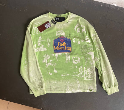 Paly Hollywood Bethlehem Inn Graffiti Long Sleeve Tee Washed Mint Green Vintage Distressed Streetwear | Mint Grunge