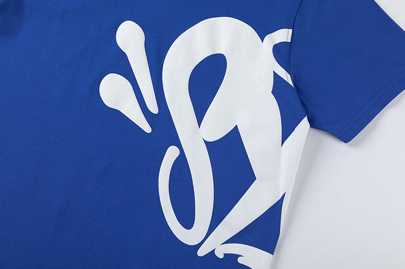 Blue unisex graphic T-shirt and shorts set with crewneck top, elastic waist shorts, and side pockets - view 24
