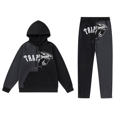 Black and Charcoal Panther Graphic Hoodie and Joggers Tracksuit Set, Drawstring Two Piece Streetwear Outfit
