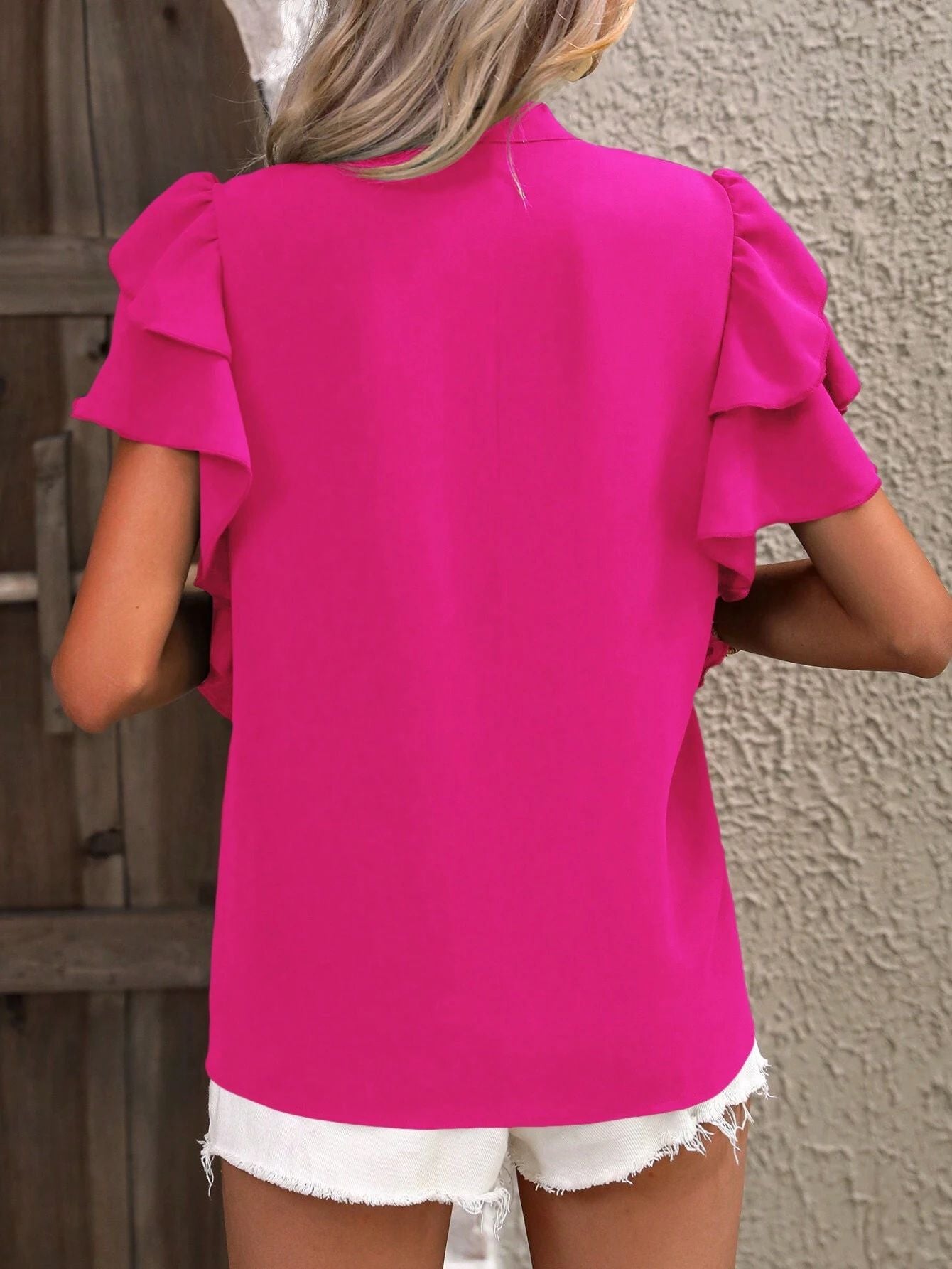 Summer New V-neck casual double-layer lotus leaf sleeves pure color shirt top