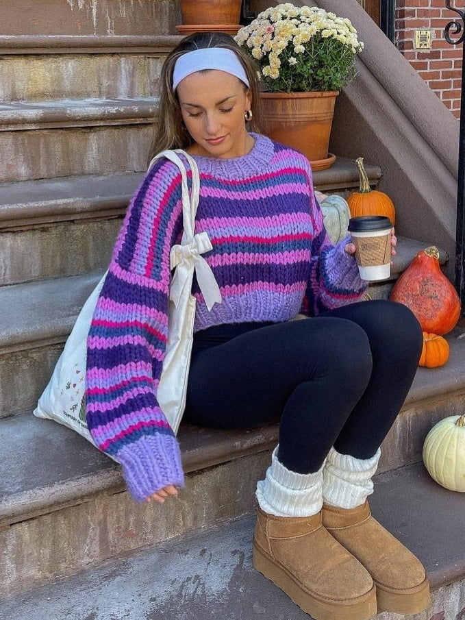 Amazon Autumn and Winter New Striped Sweater Sweater European and American round Neck Long Sleeve Loose Leisure Pullover Sweater Top