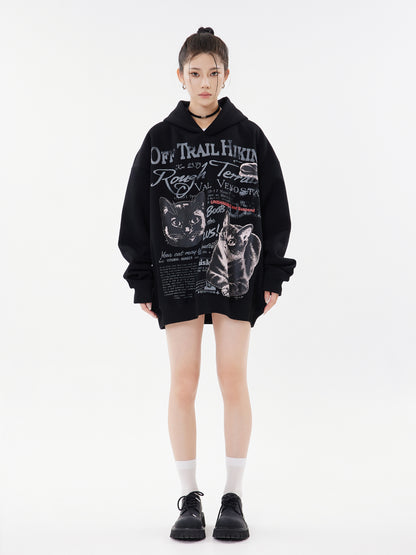 Off Trail Hiking Rough Terrain Dual Cat Newspaper Graphic Oversized Hoodie Streetwear Y2K Sweatshirt