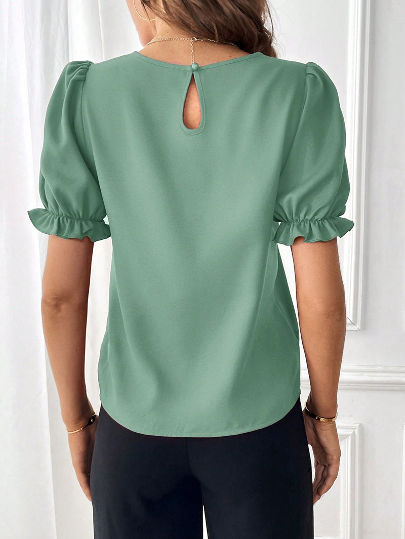 2024 summer new style fashionable temperament pure color round collar shirt top