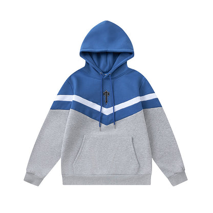 Blue and Gray Chevron Hoodie and Joggers Tracksuit Set, Drawstring Two Piece Streetwear Outfit
