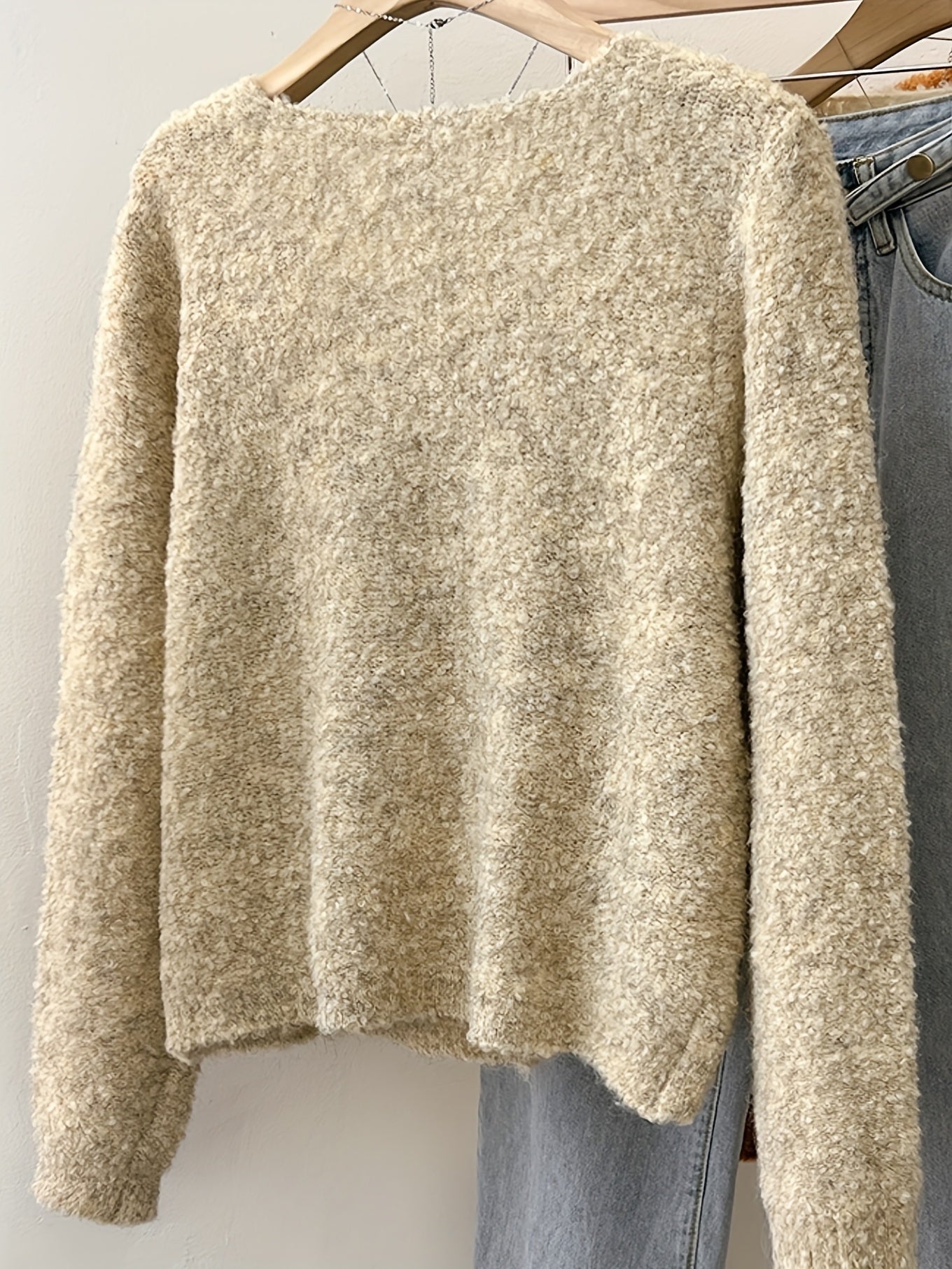 Solid Color Button Front Cardigan, Casual Long Sleeve Fuzzy Cardigan For Fall & Winter, Women's Clothing