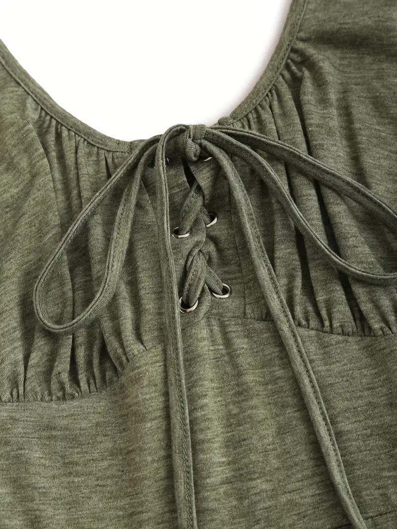 Women's Plain Lace Up Tie Front Tank Dress, Casual Fitted Sleeveless O-ring A Line Dress for Summer, Dresses for Women, Ladies Clothes for Everyday Daily Wear, Womenswear, Vacation Dresses - Seldom Seen Styles