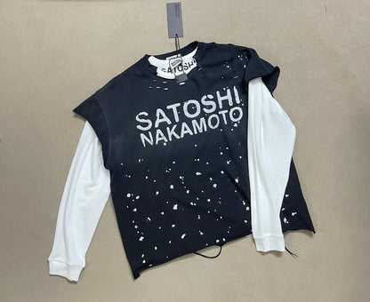 Satoshi Nakamoto Graphic Print Long Sleeve Waffle Knit Oversized Tee Casual Streetwear Top | Waffle Nakamoto