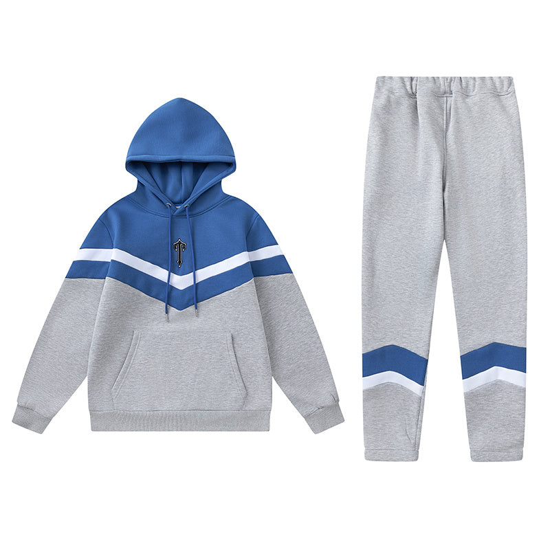 Blue, gray, and white chevron hoodie with matching joggers tracksuit set - view 27