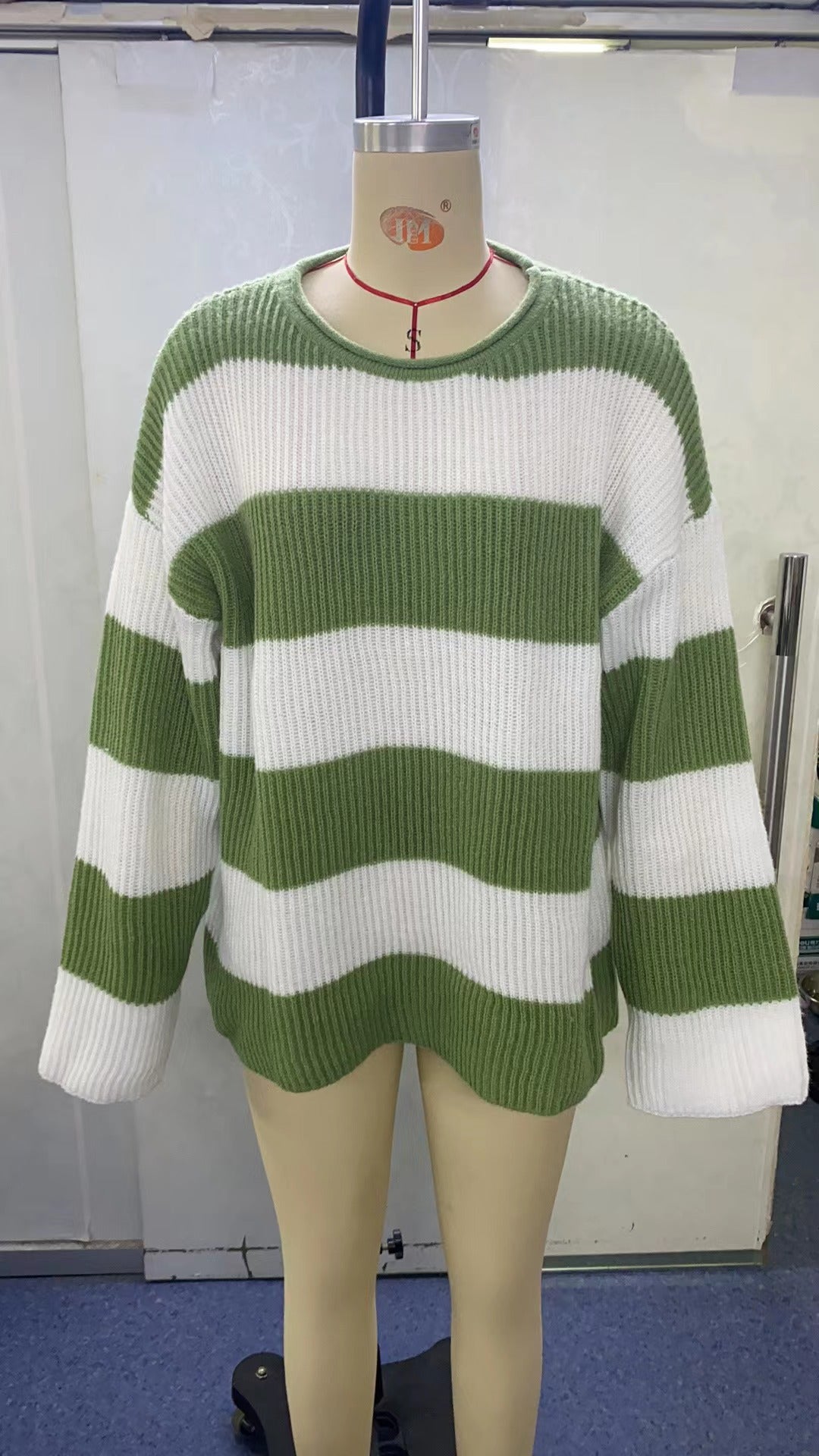 Damen Herbst 2024 Langarm Rundhalsausschnitt Gestreifter Farbblock Bequemer Lockerer Übergroßer Strickpullover