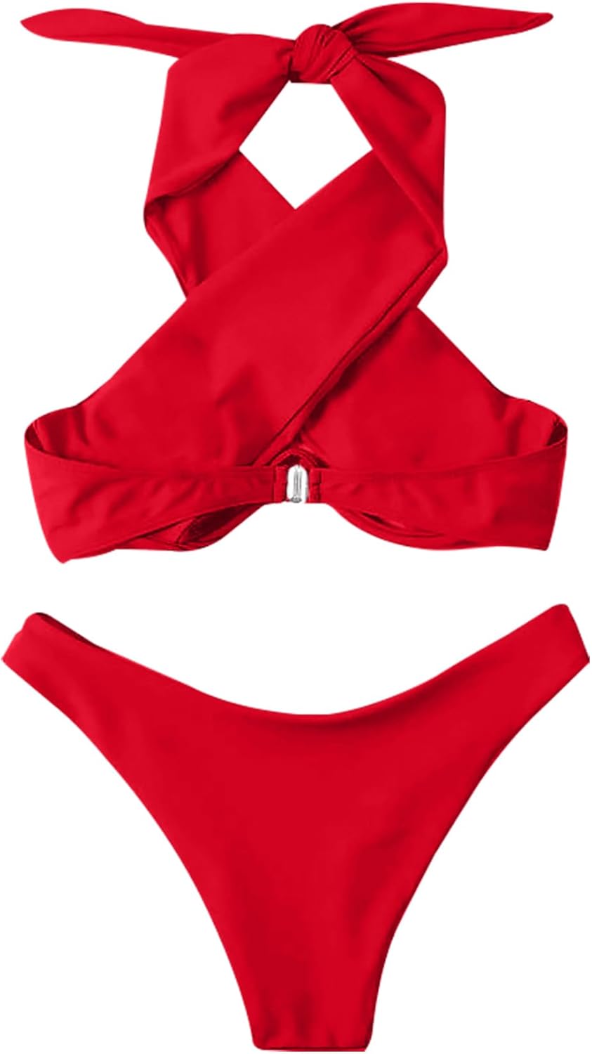 Cute Underwire Cutout Halter Bikini Swimsuit Set Women Criss Cross Bathing Suit 2 Piece - Seldom Seen Styles