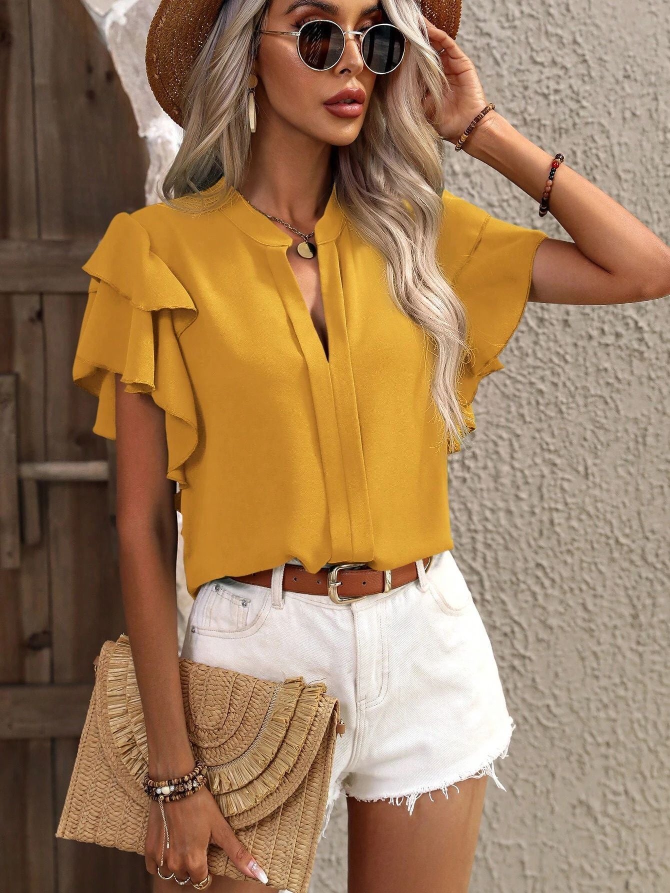 Summer New V-neck casual double-layer lotus leaf sleeves pure color shirt top