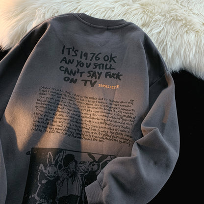 Senseless 1976 Punk Slogan Graphic Oversized Tee Grunge Rabbit Print Streetwear Short Sleeve T-Shirt