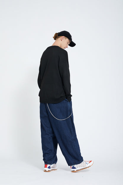 Pleated Wide Leg Denim Jogger Pants Elastic Waist Chain Detail Balloon Fit Streetwear Y2K Jeans
