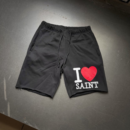 Saint Michael I Love Saint Print Shorts Oversized Cotton Terry Drawstring Raw Hem Streetwear Casual | Saint Love