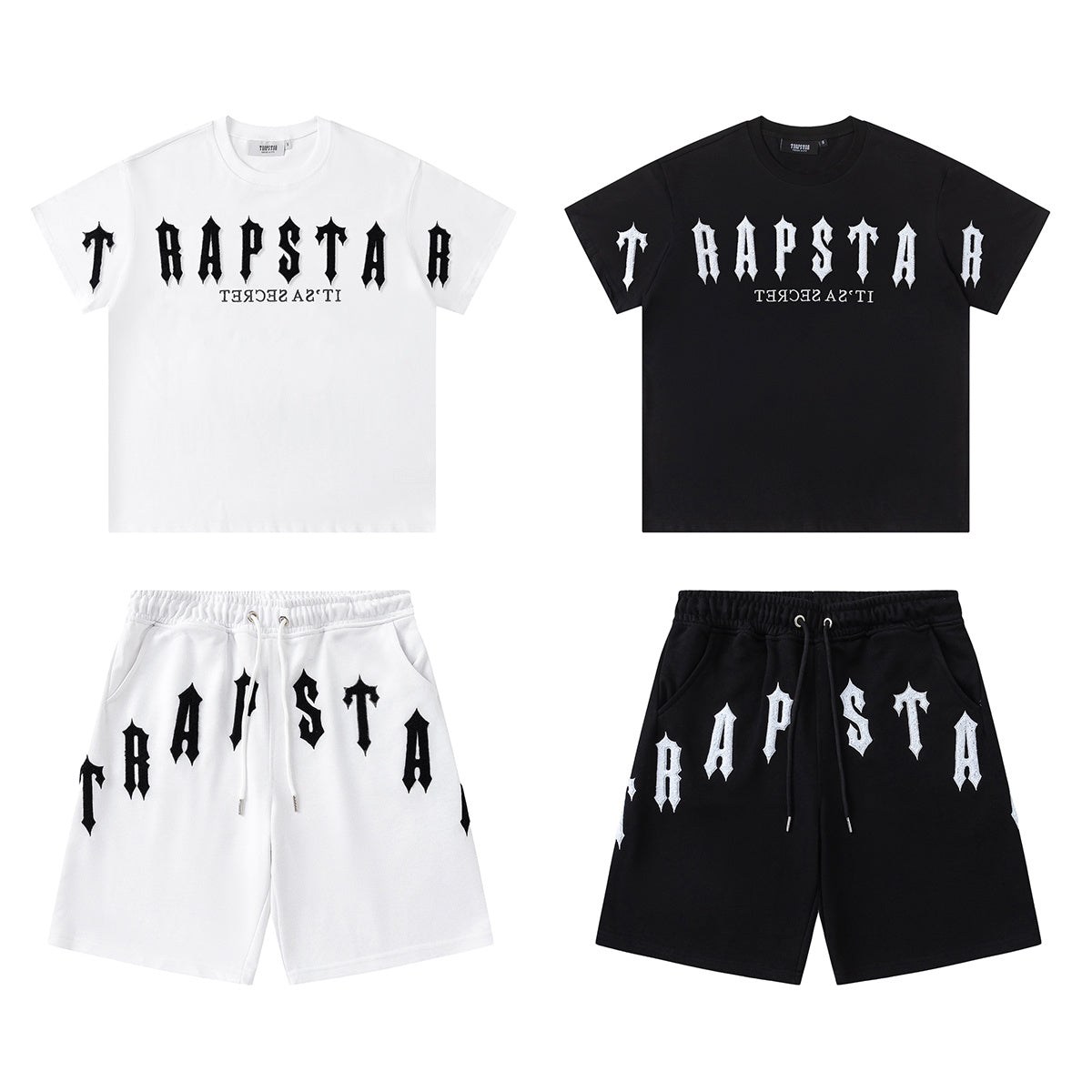 Trapstar unisex T-shirt and drawstring shorts set with bold logo graphics in black and white - view 28