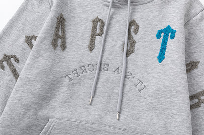 Trapstar Black and Gray Graphic Hoodie and Joggers Tracksuit Set, Two Piece Streetwear Outfit