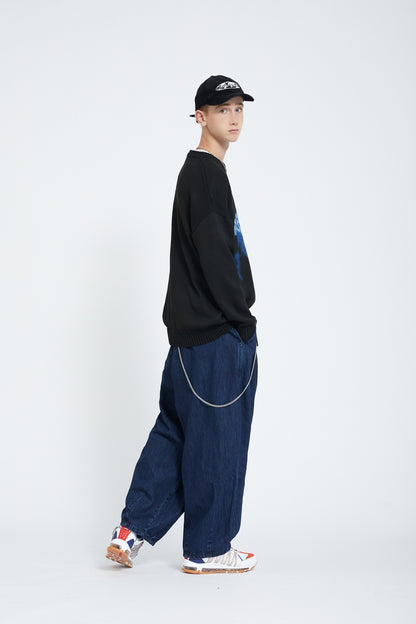 Pleated Wide Leg Denim Jogger Pants Elastic Waist Chain Detail Balloon Fit Streetwear Y2K Jeans