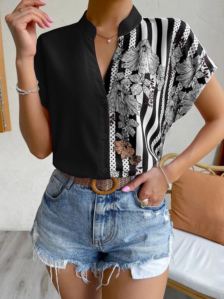 Women's summer new style double-color contrasting flower button cardigan short-sleeved shirt for women