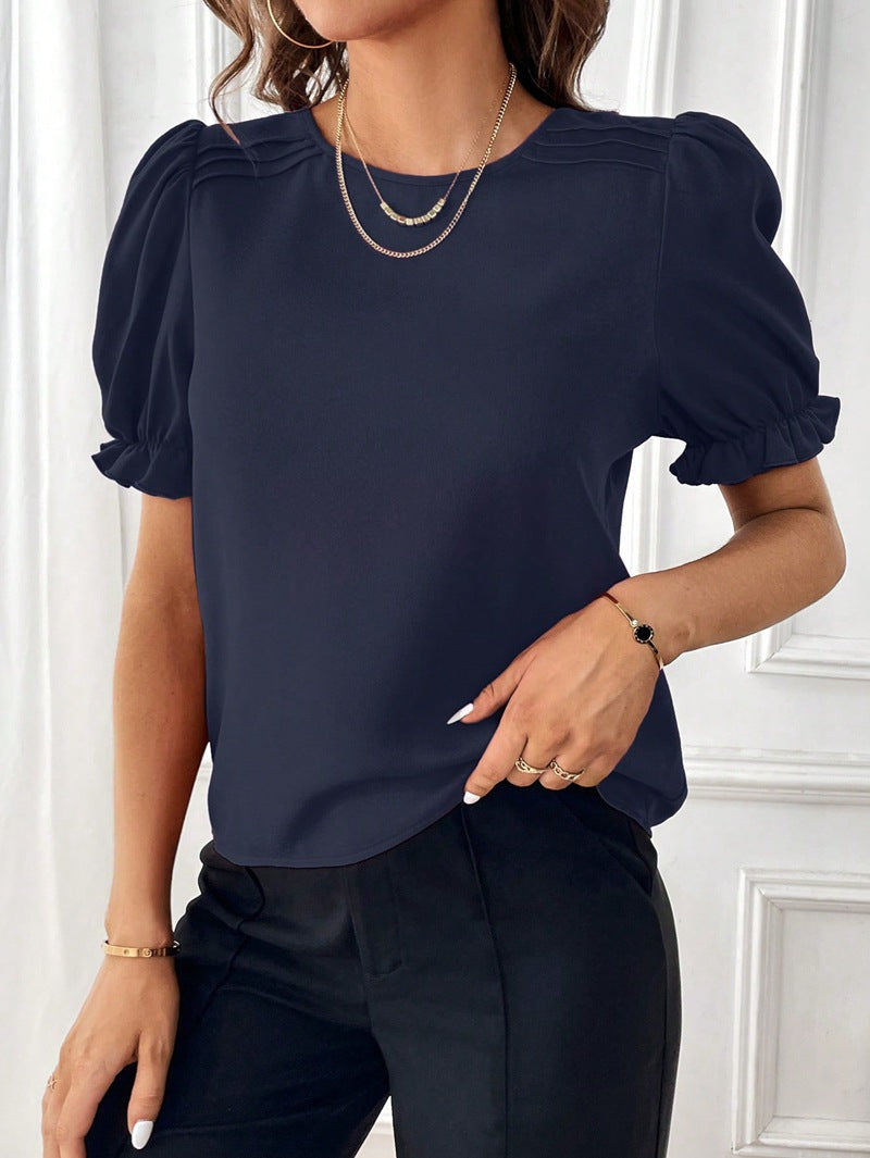 2024 summer new style fashionable temperament pure color round collar shirt top