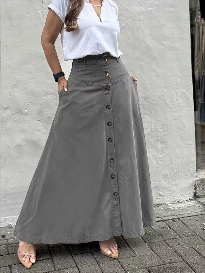 Women's A-Line Cotton Skirt Elastic Waist Casual Midi Skirt Patch Pocket Summer Everyday Outfit - Seldom Seen Styles