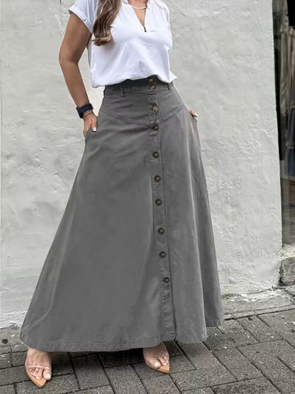 Women's A-Line Cotton Skirt Elastic Waist Casual Midi Skirt Patch Pocket Summer Everyday Outfit