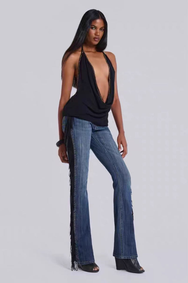 Women's Backless Halter Top Deep Plunge Studded Going Out Party Top Sleeveless Clubwear - Seldom Seen Styles