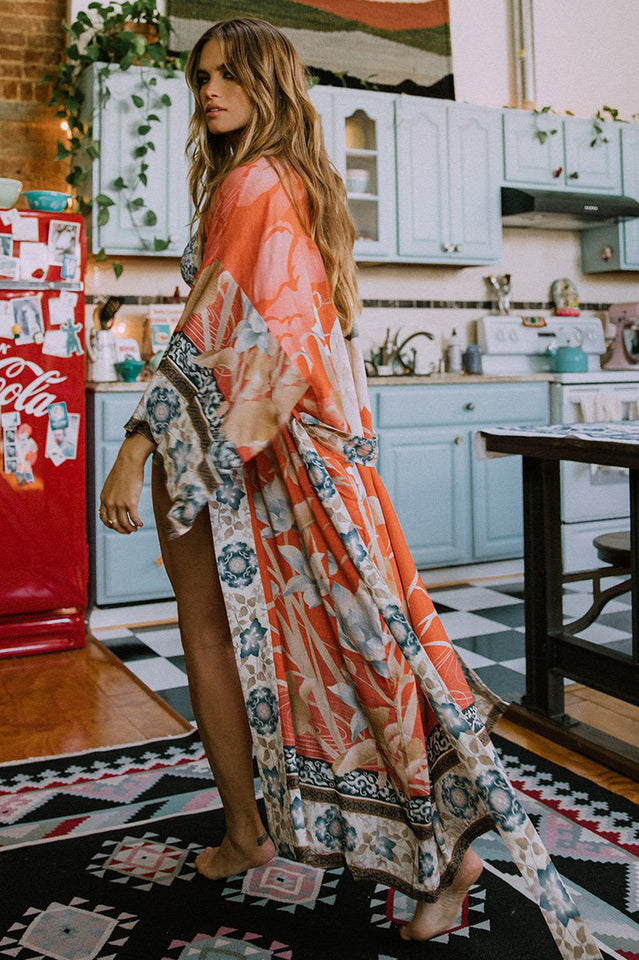 Floral Crane Print Kimono With Belt - Seldom Seen Styles