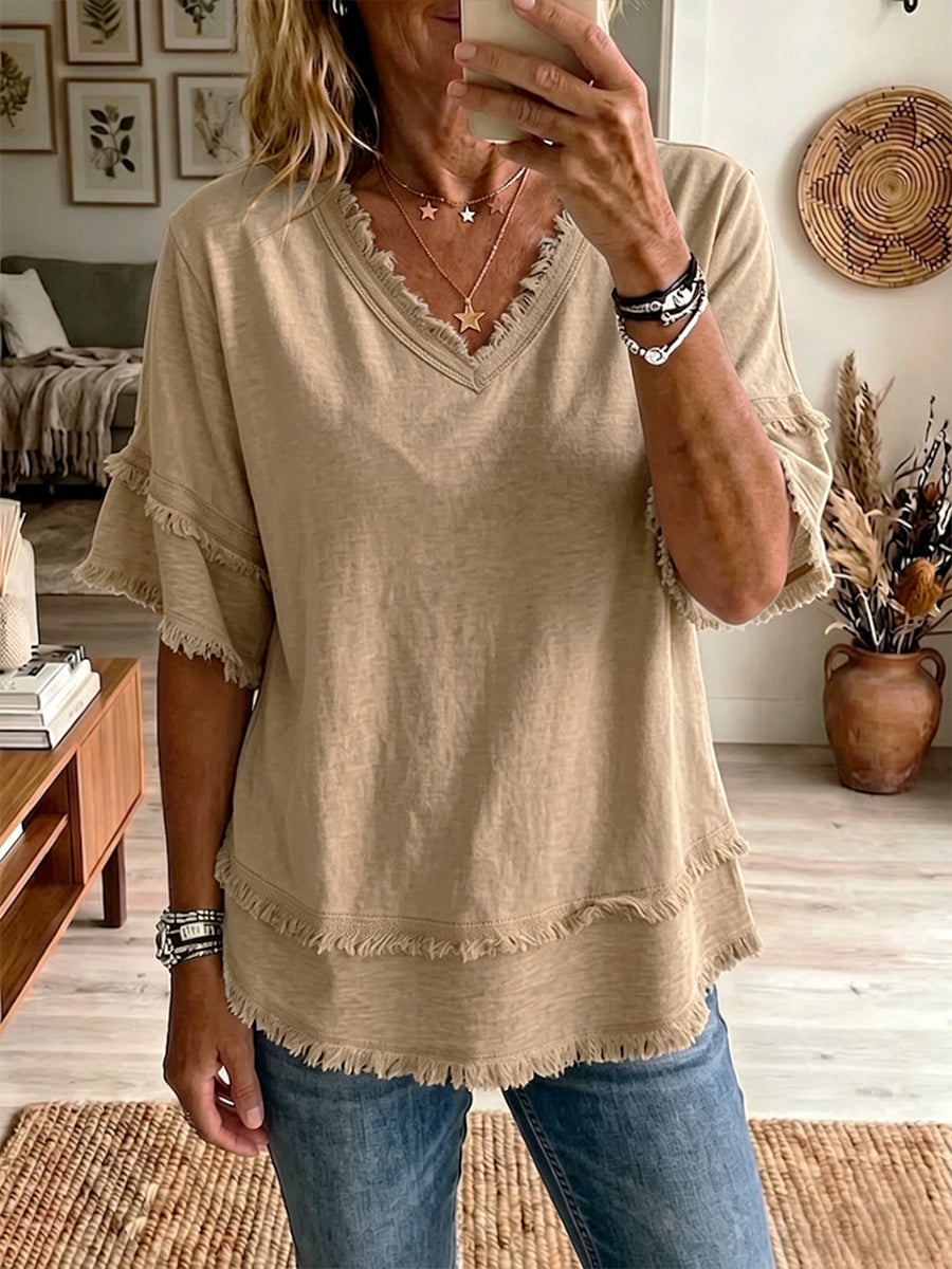 Women's Vintage Frayed V-Neck Linen Cotton Short Sleeve Top Casual Boho Summer Beach Vacation Outfit